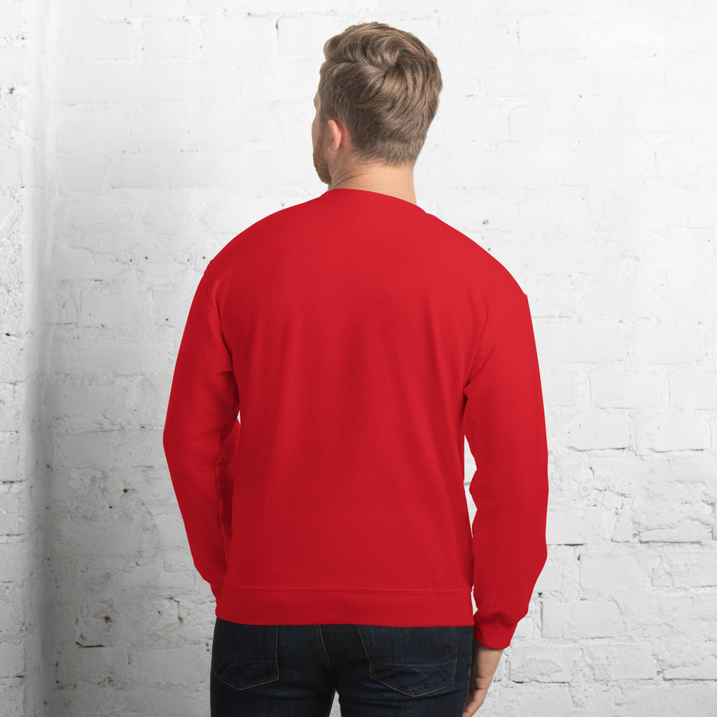 Back view of a red unisex sweatshirt for winter with a classic fit and soft fabric, perfect for colder months.
