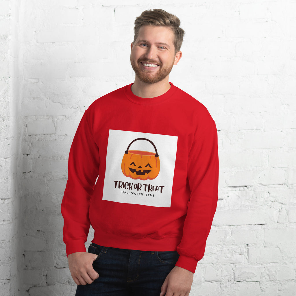 Unisex sweatshirt for winter featuring a festive Halloween design with "Trick or Treat" text and a pumpkin basket.