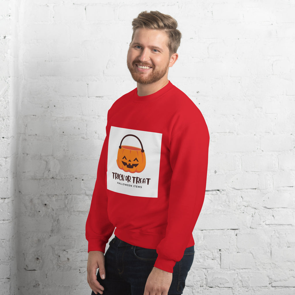 Unisex sweatshirt for winter in red featuring a pumpkin trick-or-treat design, ideal for Halloween festivities.