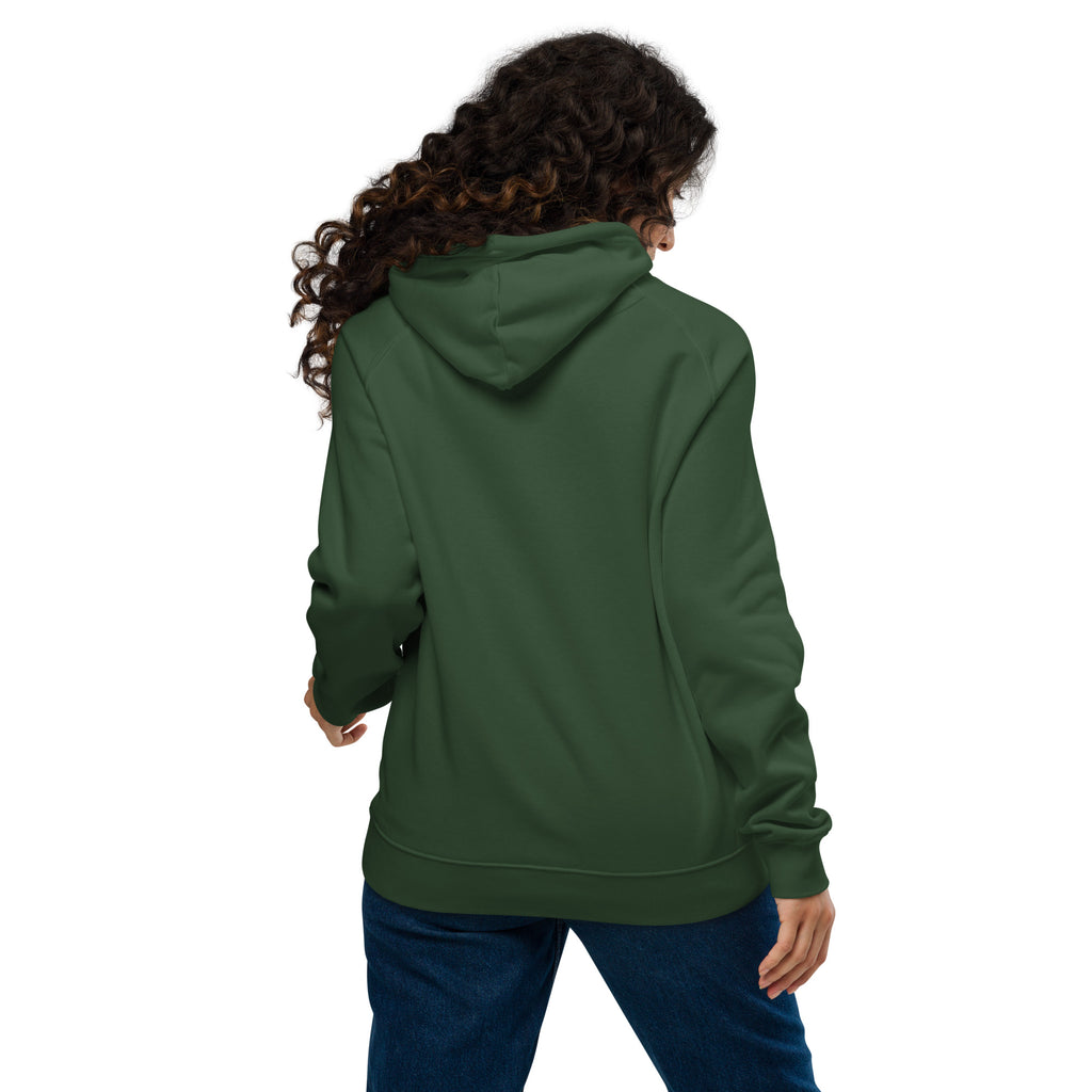 Unisex eco raglan hoodie seen from the back, featuring a cozy fit in dark green color.
