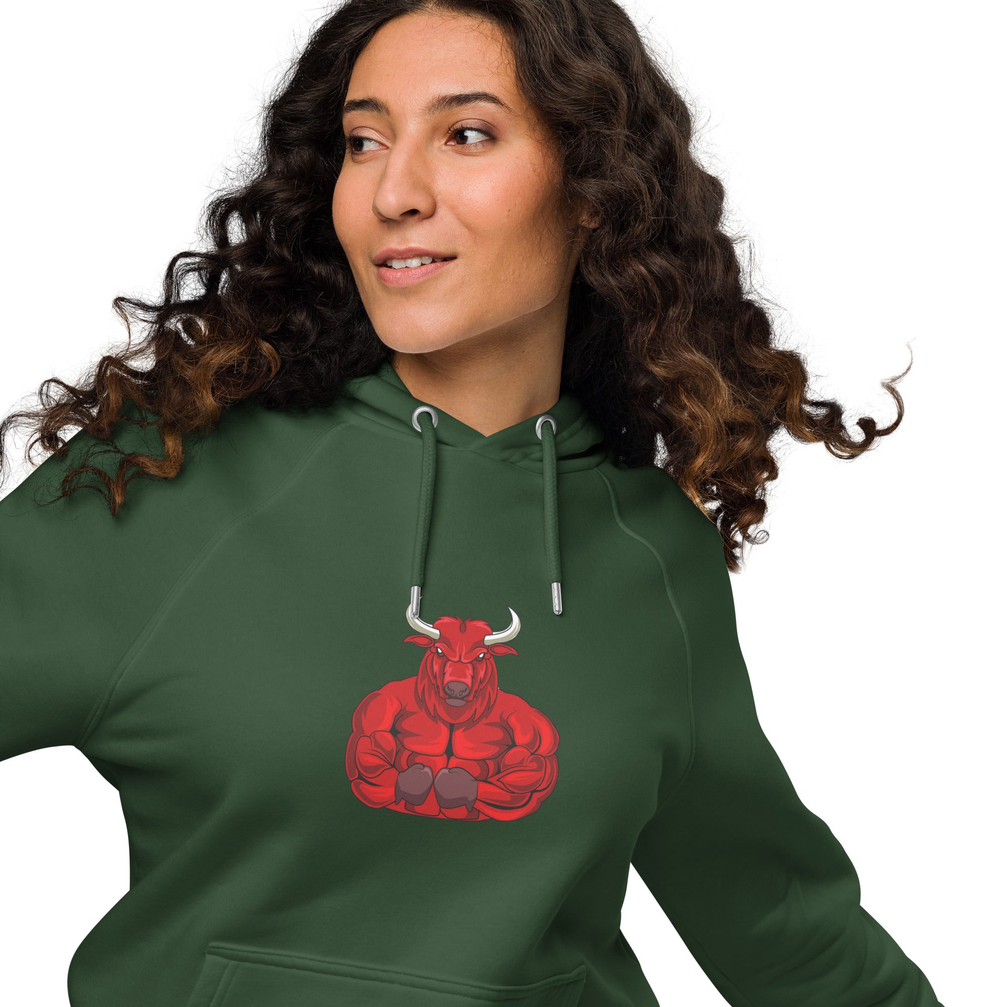 Model wearing a Unisex Eco Raglan Hoodie featuring a colorful graphic on a dark green background.