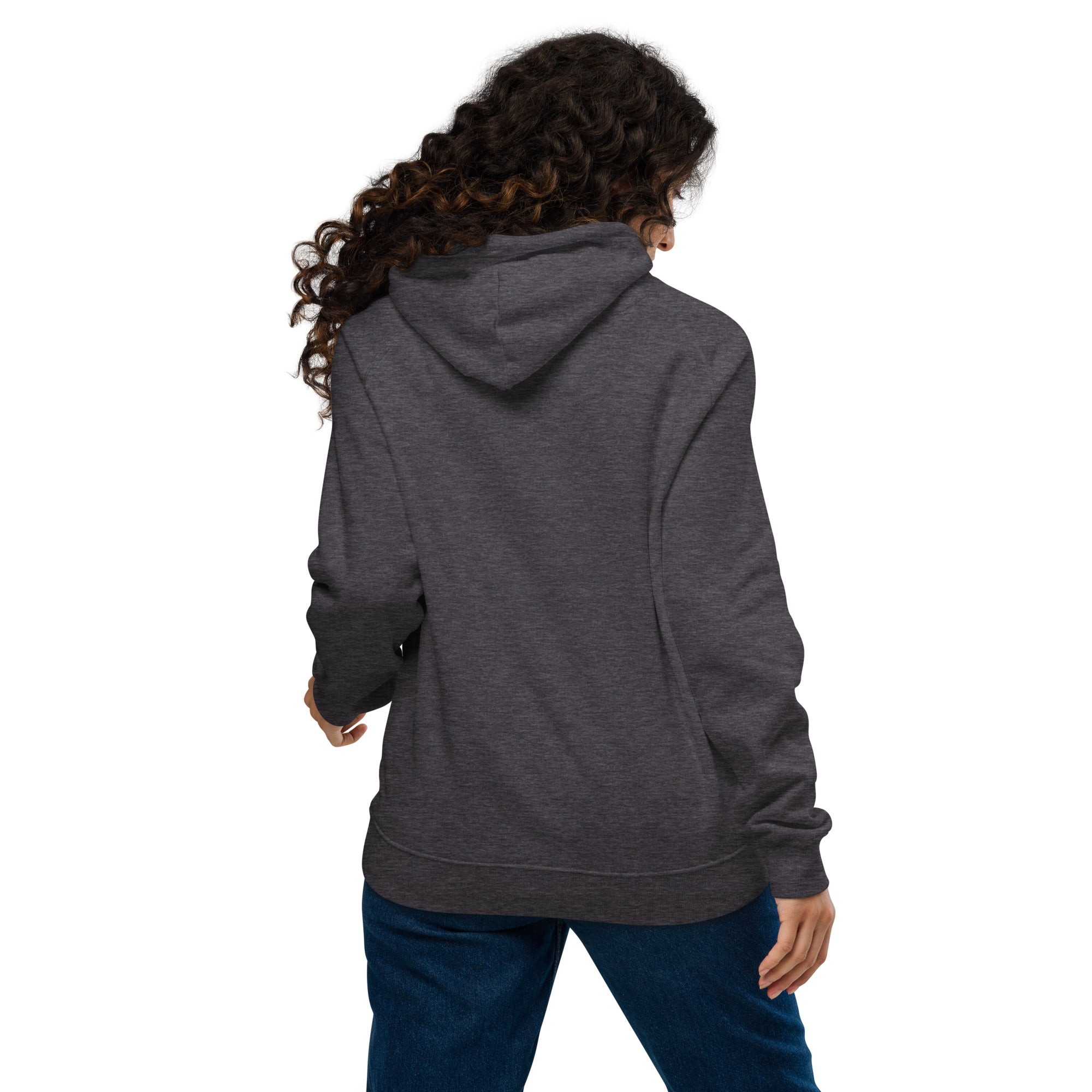 Back view of a model wearing a Unisex Eco Raglan Hoodie in dark grey, showcasing its comfortable fit and style.