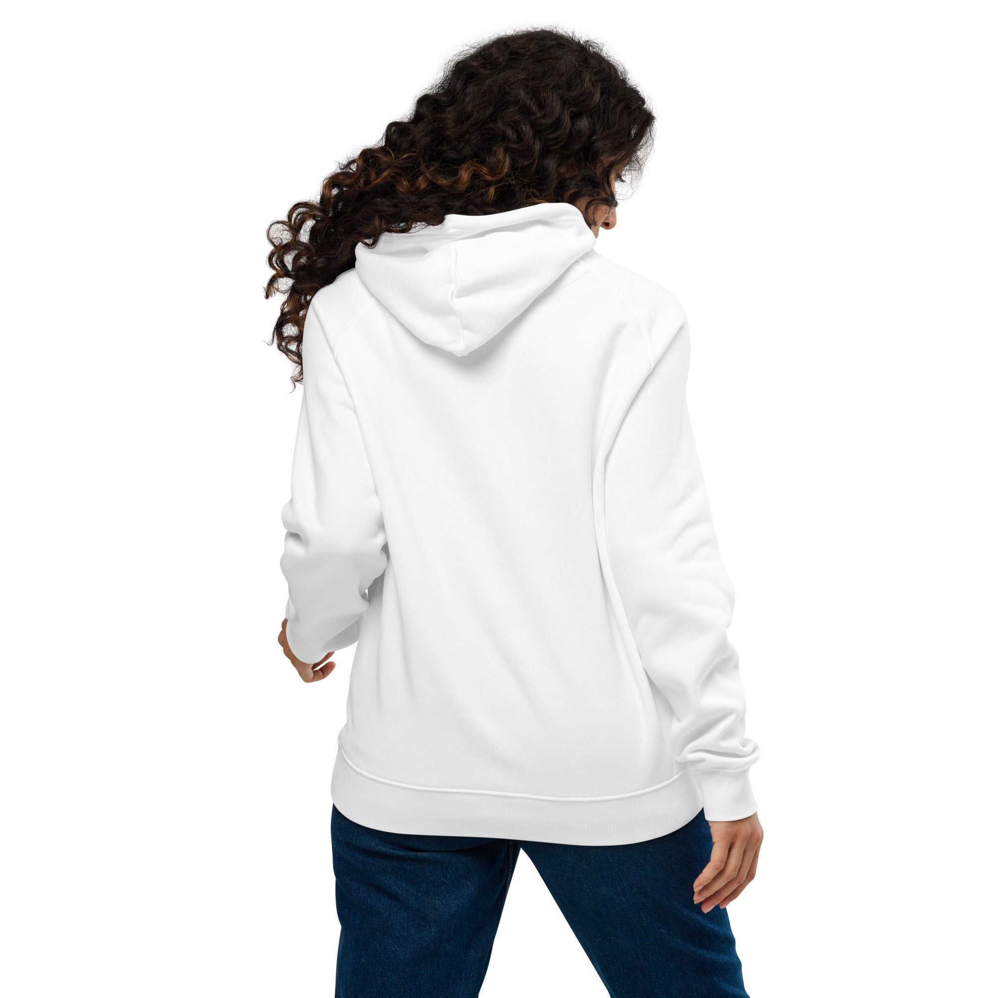 Back view of a woman wearing a Unisex eco raglan hoodie in white, showcasing its soft fabric and relaxed fit.