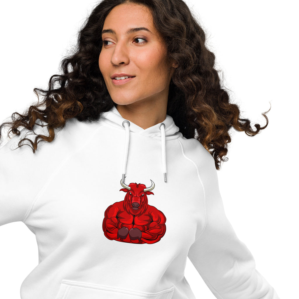 Unisex eco raglan hoodie with a bold red bull graphic, designed for comfort and sustainability.