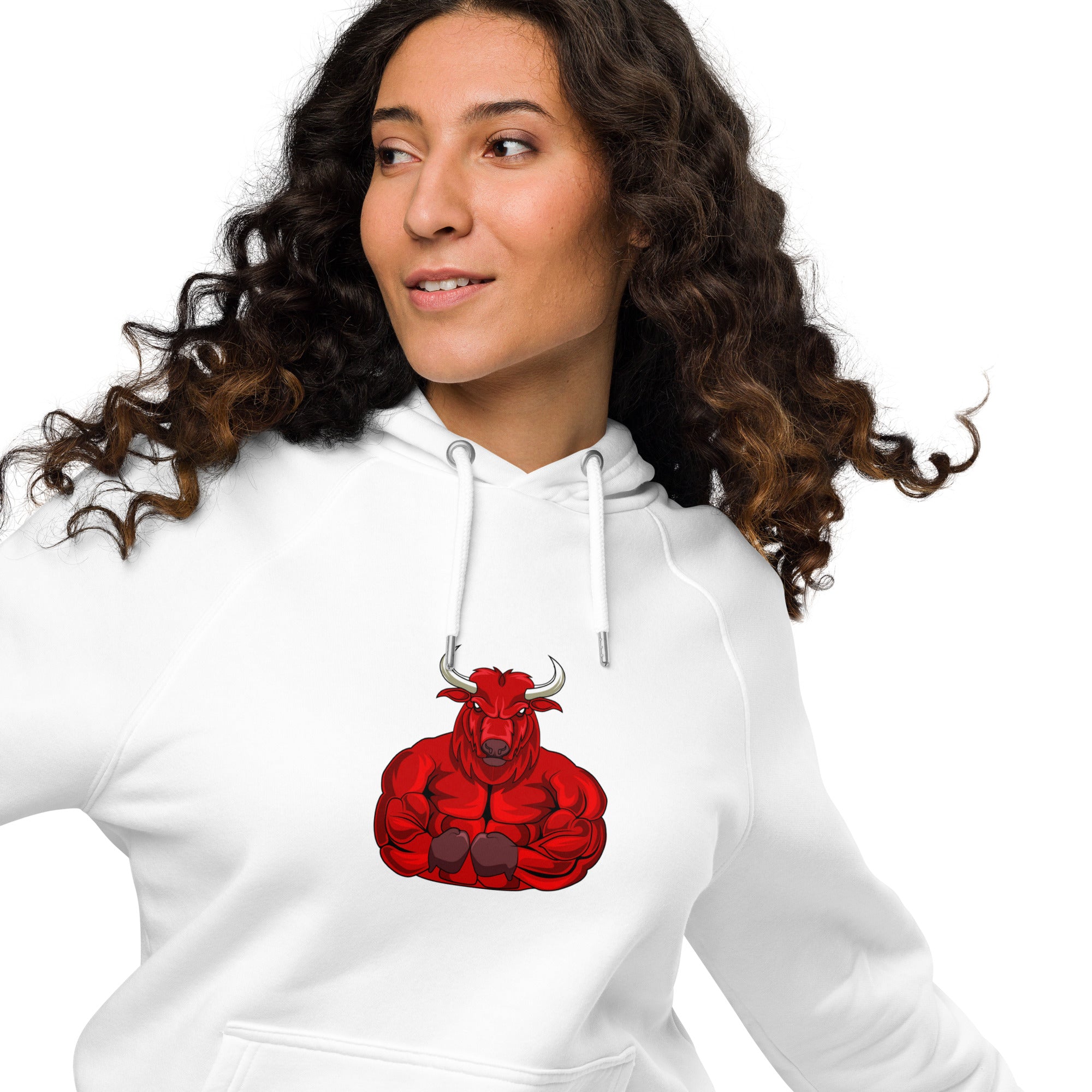 Unisex eco raglan hoodie with a bold red bull graphic, designed for comfort and sustainability.