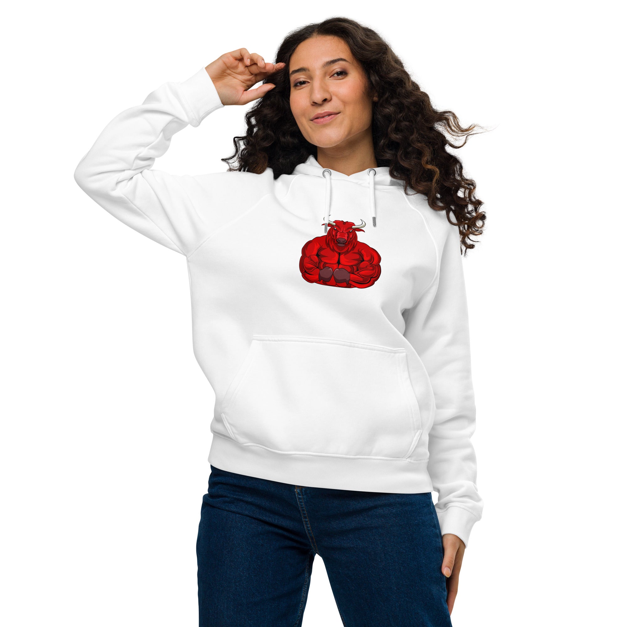 Unisex eco raglan hoodie in white with colorful graphic design, perfect for casual and sustainable fashion.