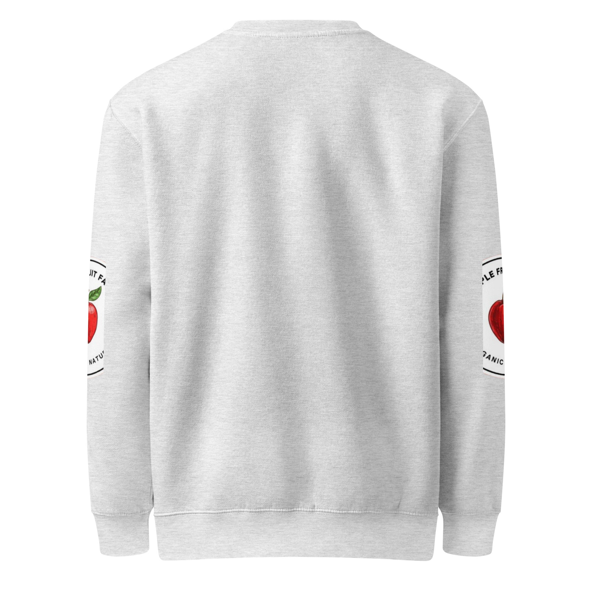 Back view of unisex crew neck sweatshirt in light gray with colorful logos on the sleeves.