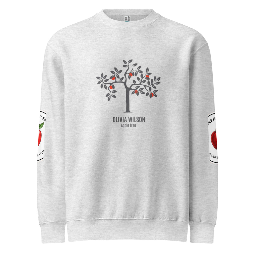 Unisex crew neck sweatshirt featuring a tree design and text 'Olivia Wilson Apple Tree' on Heather Gray fabric.