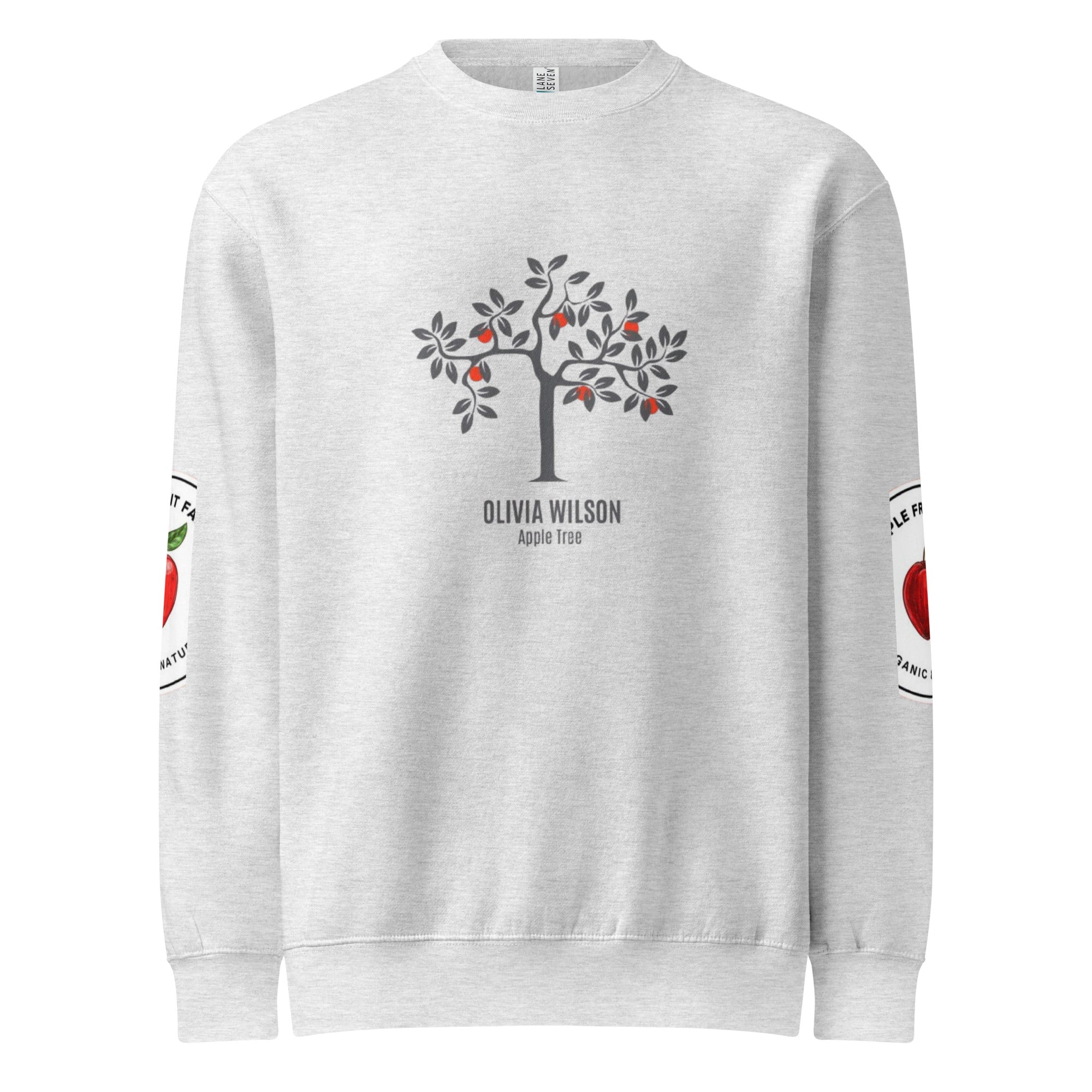 Unisex crew neck sweatshirt featuring a tree design and text 'Olivia Wilson Apple Tree' on Heather Gray fabric.