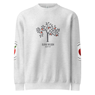Unisex crew neck sweatshirt featuring a tree design and text 'Olivia Wilson Apple Tree' on Heather Gray fabric.