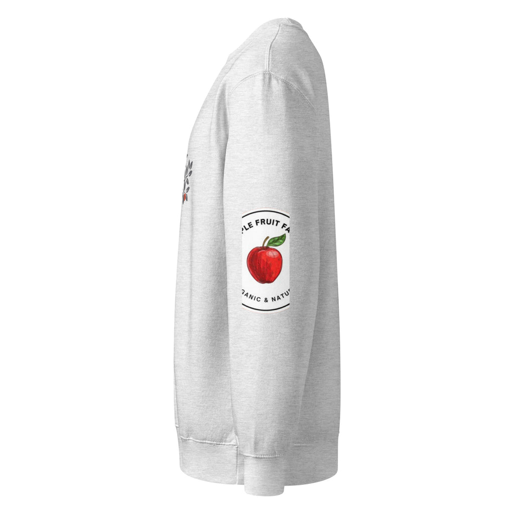 Unisex crew neck sweatshirt in heather gray with apple graphic on sleeve, perfect for casual wear.