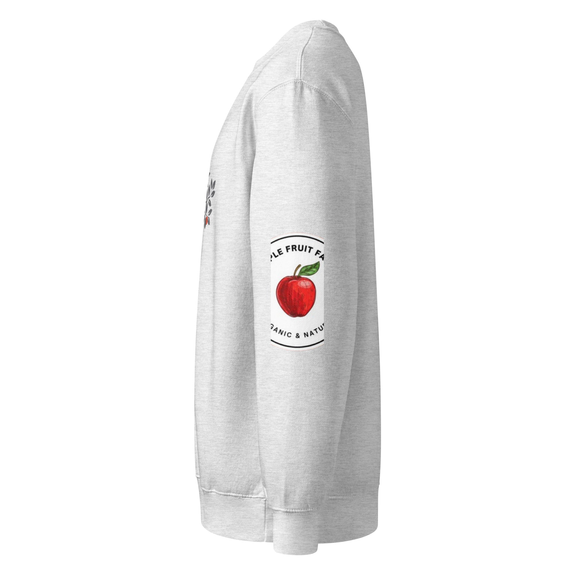 Unisex crew neck sweatshirt in heather gray with apple graphic on sleeve, perfect for casual wear.
