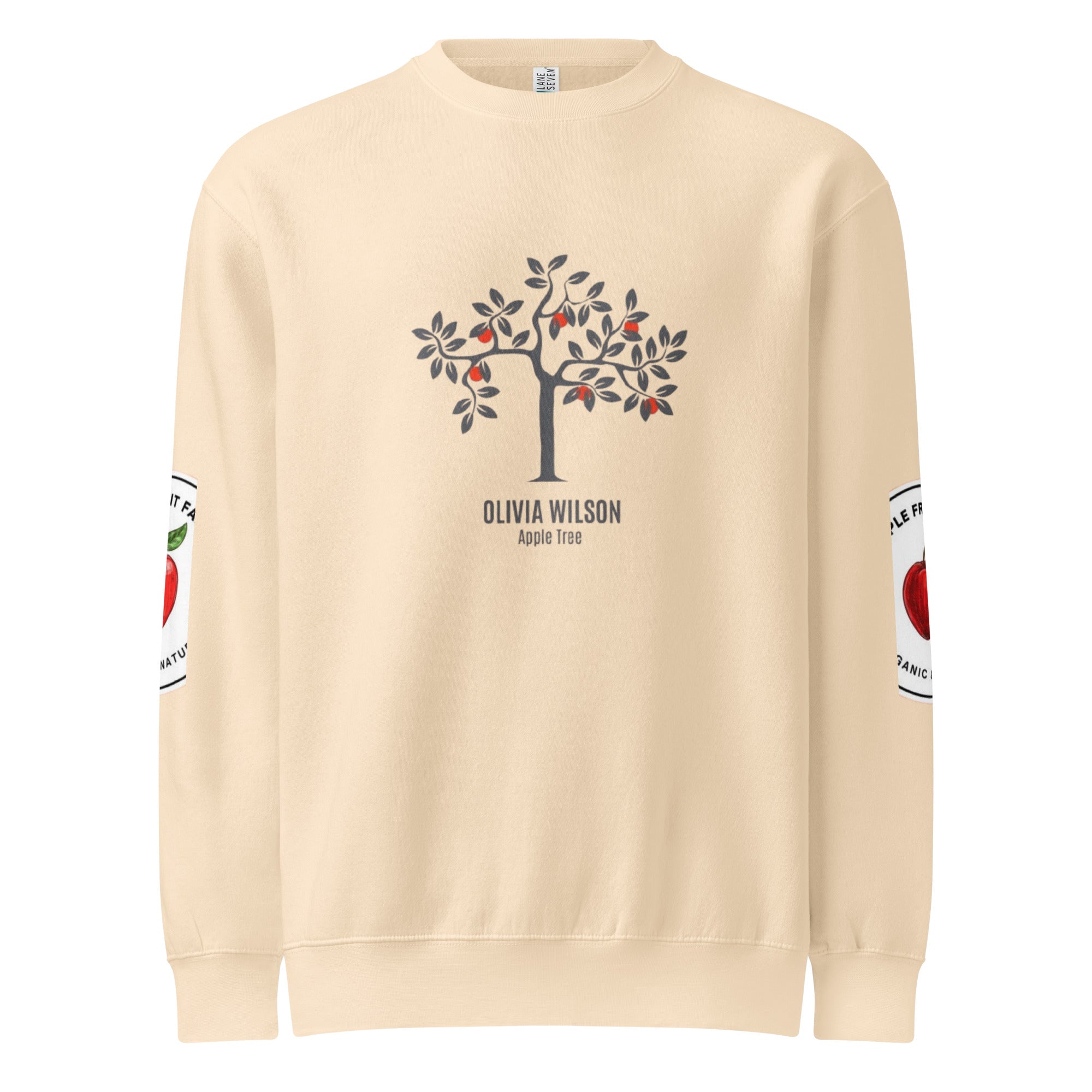 Unisex crew neck sweatshirt featuring an apple tree design with the name Olivia Wilson on a beige background.